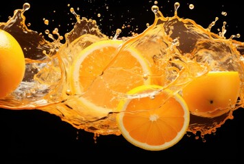 Fototapeta premium A cinematic shot capturing the moment of orange fruits falling into water with a splash, perfect for commercial use, particularly for advertising orange juice or refreshing beverages.