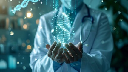 Medical technology. Doctor holding health icon with dna, electronic medical record. Digital healthcare and research with global network connection on hologram virtual screen, digital health technology - obrazy, fototapety, plakaty
