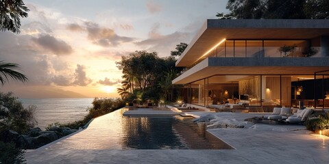 modern minimalistic house perched on a sea cliff sunrise ambiance with hues of soft yellow, light pink, and sky blue  overlooking tranquil ocean, gentle morning light - obrazy, fototapety, plakaty