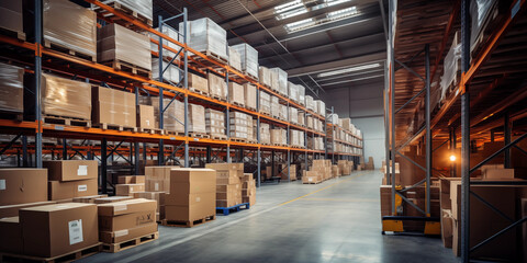 A spacious warehouse interior stacked with boxes and pallets, showcasing organized logistics and storage solutions.