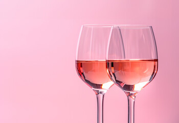 Two glasses of wine on a table. Two glasses of wine for a romantic dinner. Two rose wine on a pink background. Wine lover concept. Wine glasses filled with sparkling rose wine.