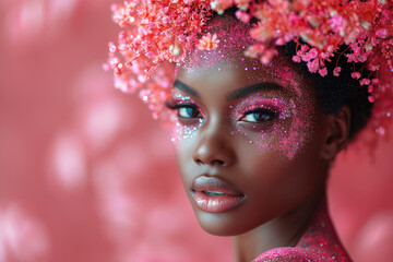 Young beauty stylish african american woman on pink background, portrait of black fashion girl with beautiful makeup and hairstyle, bright lipstick and eye shadow, face art
