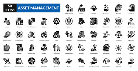 Asset management glyph icon collection set