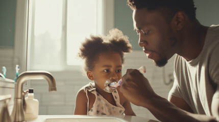 A father takes care of his daughter´s oral health by supporting her brushing her teeth in the bathroom. - obrazy, fototapety, plakaty