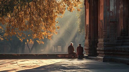 the couple paying respects at a historic temple. Early morning light casts serene shadows - obrazy, fototapety, plakaty