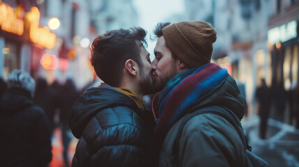 A gay couple is kissing each other in public