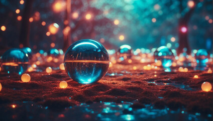 A surreal world filled with glowing orbs and blurred beams of light, creating a mesmerizing and otherworldly atmosphere - obrazy, fototapety, plakaty
