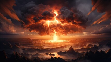 An intense depiction of a futuristic nuclear explosion against a dark background, illustrating a dramatic and ominous scene.