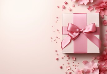 Mothers day sale flat design with christmas gift boxes and ribbons on pink.