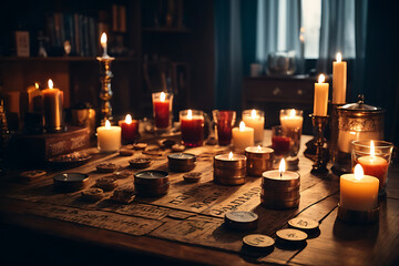 Room with many candles, and a spirit ouija board game lying on the table design. - obrazy, fototapety, plakaty