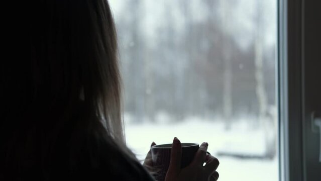 Long hair woman standing among the window and drinking hot tea from mug. Winter landscape. Lady drinks coffee looking at snowfall. Depression seasonal affective disorder female sad alone. Flu season	
