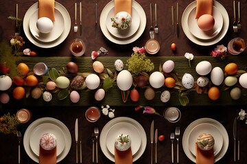 Beautiful composition of Easter egg table with colorful eggs, bunnies and Easter decorations. AI Generative.
