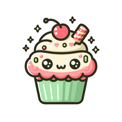 Cute smiley cupcake Mascot Character Design Vector Illustration, kawaii cupcake food icon, generative ai