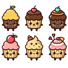 Cute cupcake cartoon collection with different emotions. Vector illustration, kawaii cupcake icon, generative ai