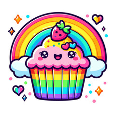 Cute rainbow cupcake with strawberry on top. Vector illustration, kawaii cupcake pastry icon design, generative ai