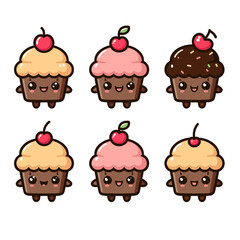 Cute kawaii chocolate cupcake character vector illustration. Collection of sweet cupcakes, generative ai