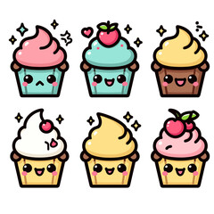 Cute kawaii cupcake character set, sweet pastry food, Vector illustration, kawaii cupcake icon, generative ai