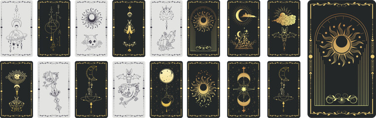 Mystical Tarot Card Designs Collection. Assortment of esoteric tarot cards with celestial and mystical symbols. Esoteric decorative element. Witchcraft, occult, spiritual design. Vector