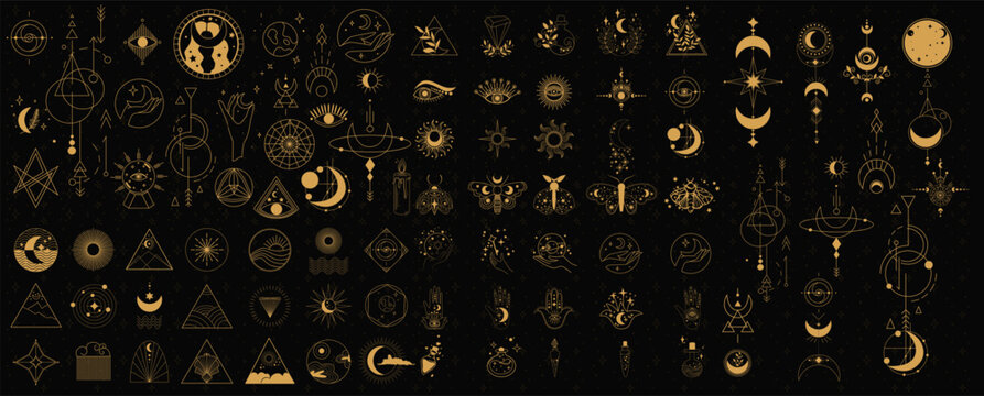 Collection of celestial and occult vector icons featuring moons, stars, and mystical symbols on a dark background. Celestial and Occult Vector Icons Set. Black and gold colors.