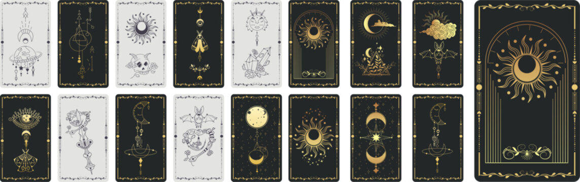 Mystical Tarot Card Designs Collection. Assortment of esoteric tarot cards with celestial and mystical symbols. Esoteric decorative element. Witchcraft, occult, spiritual design. Vector © ZinetroN