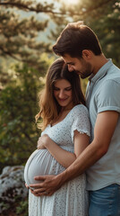 Fototapeta premium A proud and handsome young man is touching the belly of his pregnant wife, both are deep in love