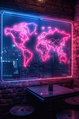 A world map on the wall with neon lighting. Designer decor on the wall in the room