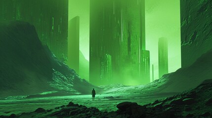 Luminous Green Echoes reverberating in a futuristic landscape.