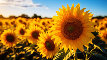 Obraz premium A field of luxurious blooming sunflowers in a rural landscape with a beautiful sky. Generative AI
