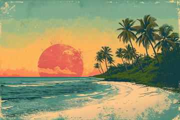 a retro-style poster illustration of a beach scene, palm trees, shoreline, depicting a sense of relaxation and bliss
