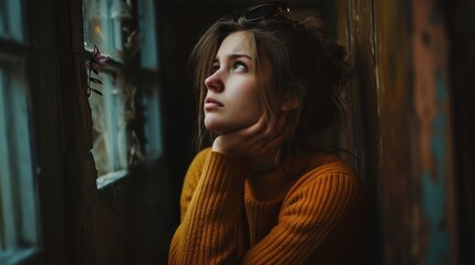 Beautiful young woman watching out the window