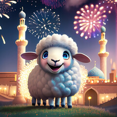 eid adha mubarak with sheep an fireworks and on background 