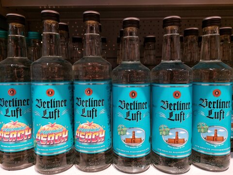 Berliner Luft peppermint liqueur bottles in a supermarket