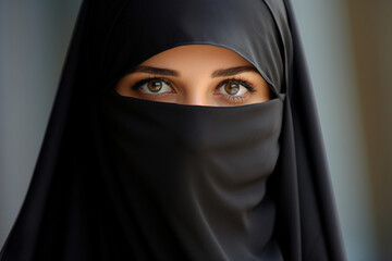 Face of a woman in a niqab, close-up, eyes.