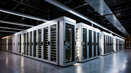 A modern high-tech data center with several rows of working servers in one room. Big data. Generative AI