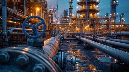 Illuminated industrial refinery with pipes and distillation towers at twilight, showcasing energy sector infrastructure. - obrazy, fototapety, plakaty