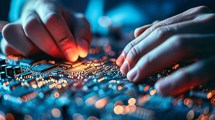 Skilled technician's hand repairing a computer motherboard, emphasizing technology and electronic maintenance.