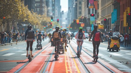 A dynamic street-level photo of a diverse group of people using electric scooters, bicycles, and skateboards on a city bike lane, emphasizing sustainability and modern urban transport