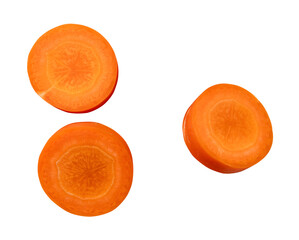 Top view of orange carrot slices in set isolated on white background with clipping path