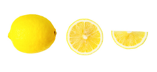Top view of beautiful yellow lemon fruit with half and slice or quarter isolated with clipping path...