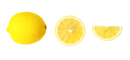 Top view of beautiful yellow lemon fruit with half and slice or quarter isolated with clipping path in png file format