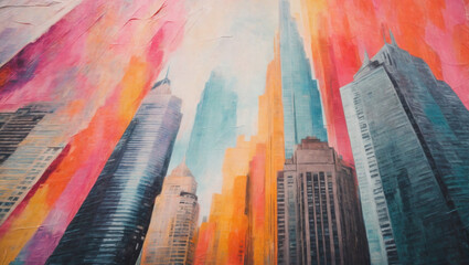Fragment of multicolored texture painting. Artistic painting of skyscrapers.Abstract style. Cityscape.