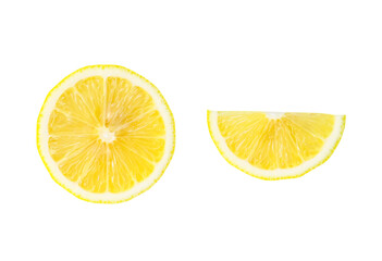 Top view of yellow lemon half and slice or quarter in set isolated on white background with clipping path