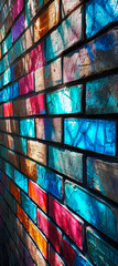 Wall background, bricks of colorful neon colors with empty copy space. Rectangular format, dark disco colored building.