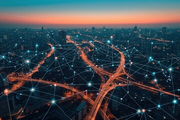 Aerial shot of interconnected digital infrastructure in smart city