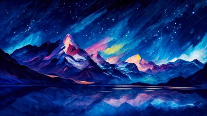 Gardinen Fragment of multicolored texture painting. Painting, mountains night sky. Surreal colorful digital art of swiss alps, at night with stars, clouds and snow. © Vugar & Salekh