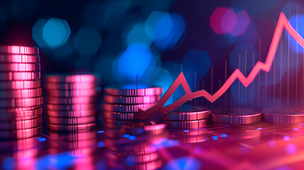 Stack of coins with trading chart in financial concepts and financial investment business stock growth in a neon color. 