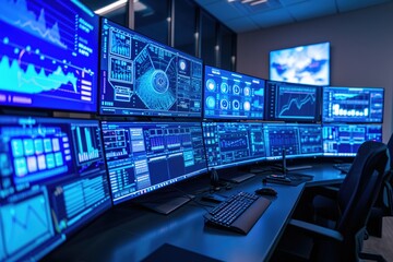 High-tech control room with multiple monitors and interactive interfaces.