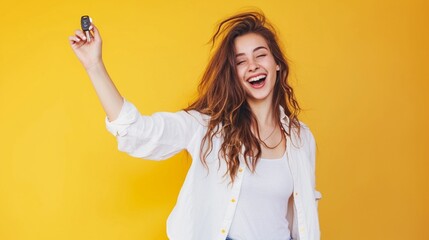 Young cool fun happy woman she wears white shirt casual clothes hold in hand car keys fob keyless system stretch hand to camera isolated on plain yellow background studio portrait. Lifestyle concept. - obrazy, fototapety, plakaty