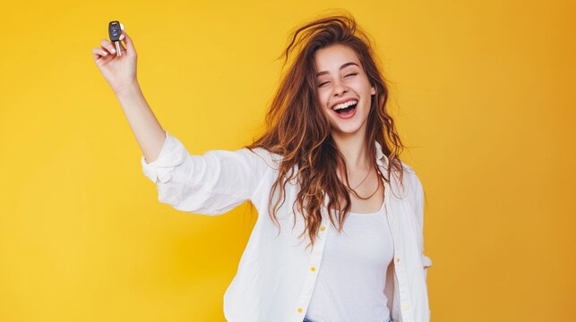 Young cool fun happy woman she wears white shirt casual clothes hold in hand car keys fob keyless system stretch hand to camera isolated on plain yellow background studio portrait. Lifestyle concept.