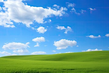 Obraz premium Rolling green hills beneath a brilliant blue sky adorned with fluffy clouds.